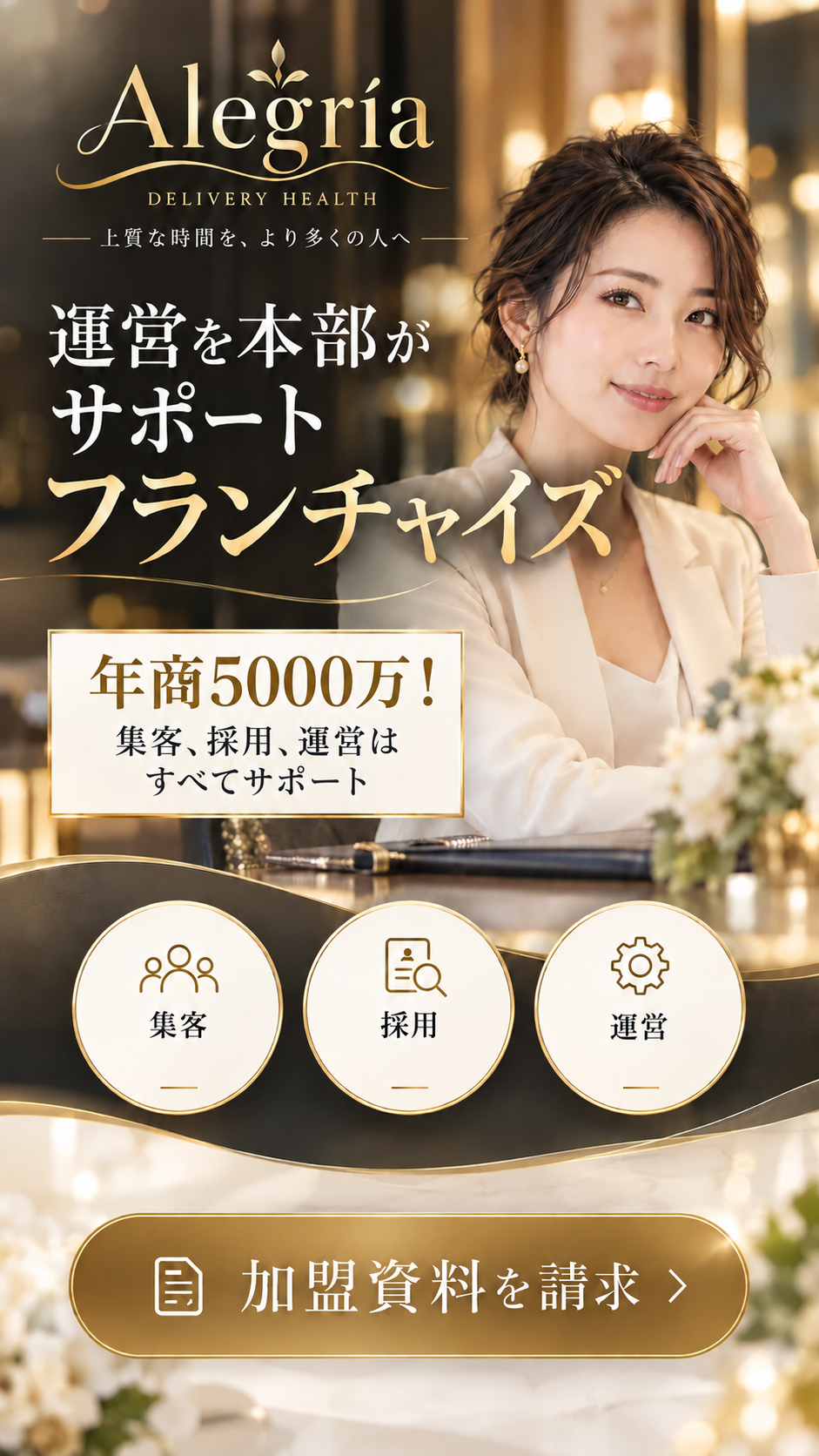 Alegría フランチャイズ。運営を本部がサポート。年商5000万！ 集客、採用、運営はすべてサポート。
